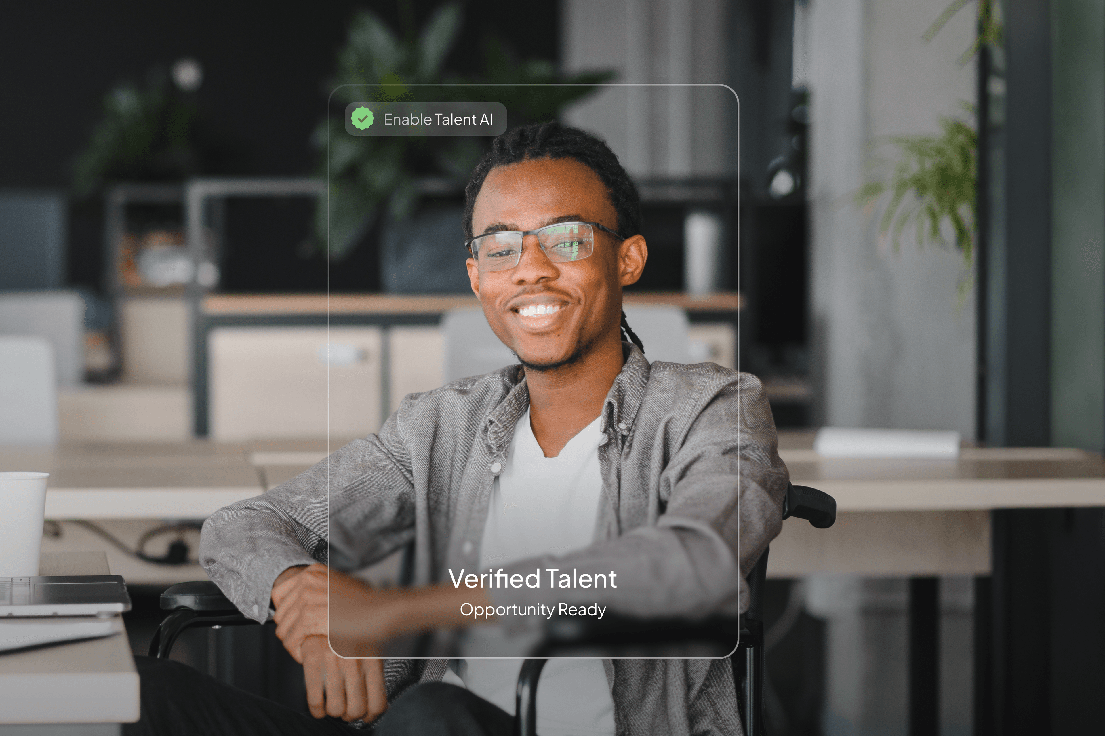 Professional with Enable Talent AI interface showing verified talent and opportunity ready status